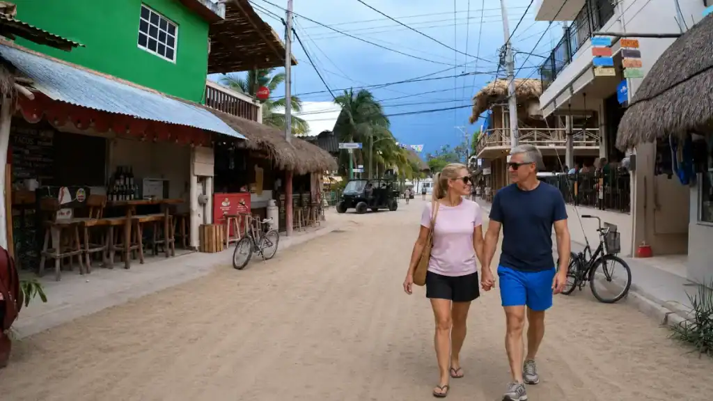 Couple holding hands on Holbox's sandy town street, a good base for figuring out how many days in Holbox to plan
