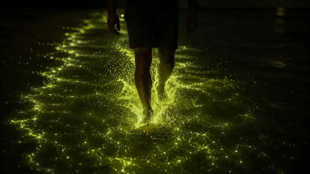Bioluminescent plankton glowing around bare feet in Holbox's night water