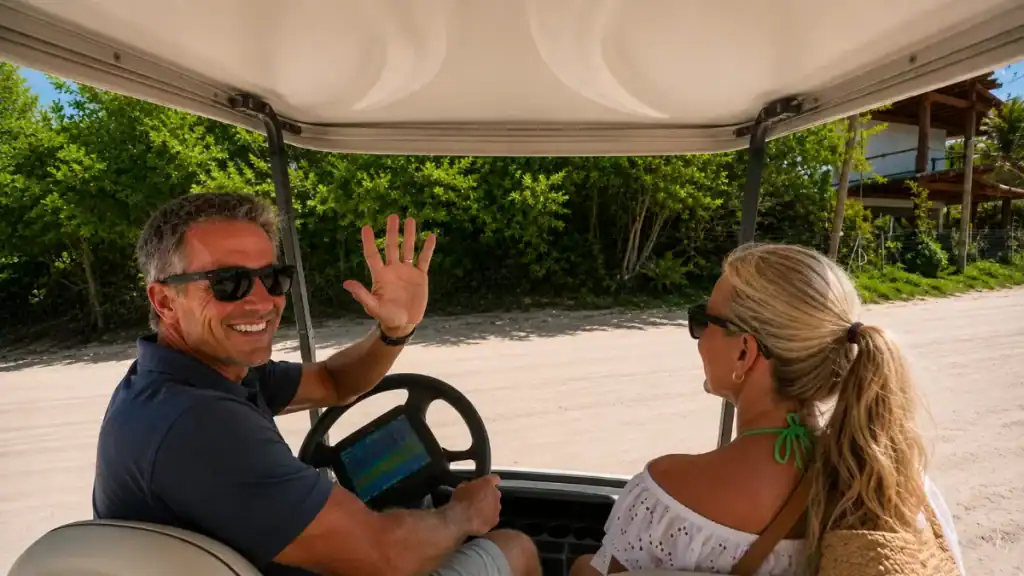 Man waving while driving a golf cart with a passenger on a residential Holbox road