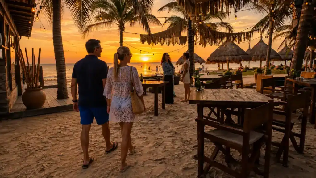 Couple strolling past palapa dining tables at a Holbox beach restaurant during sunset