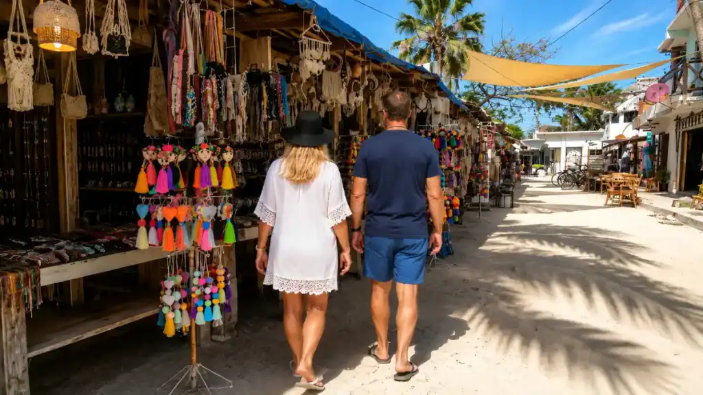 Couple browsing handmade jewelry stalls in Holbox town center