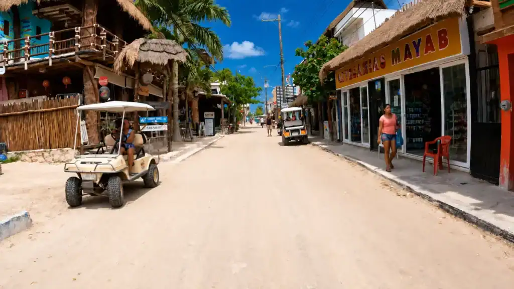 Golf carts and shoppers along Holbox's sandy main street lined with craft shops