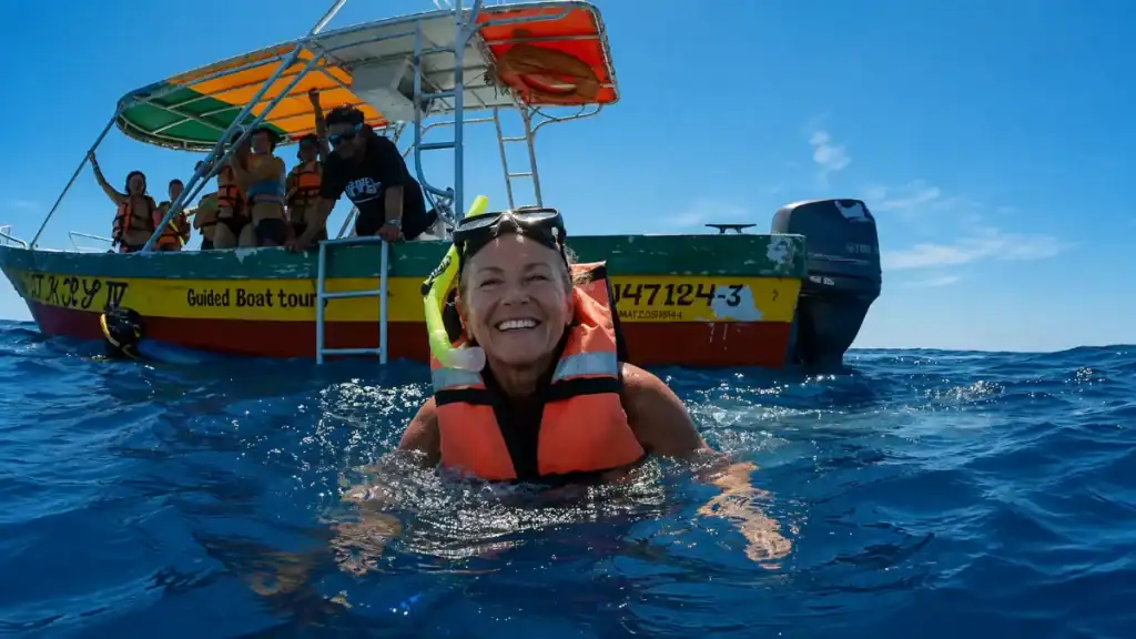 Snorkeler surfaces beside a tour boat during a Holbox whale shark excursion