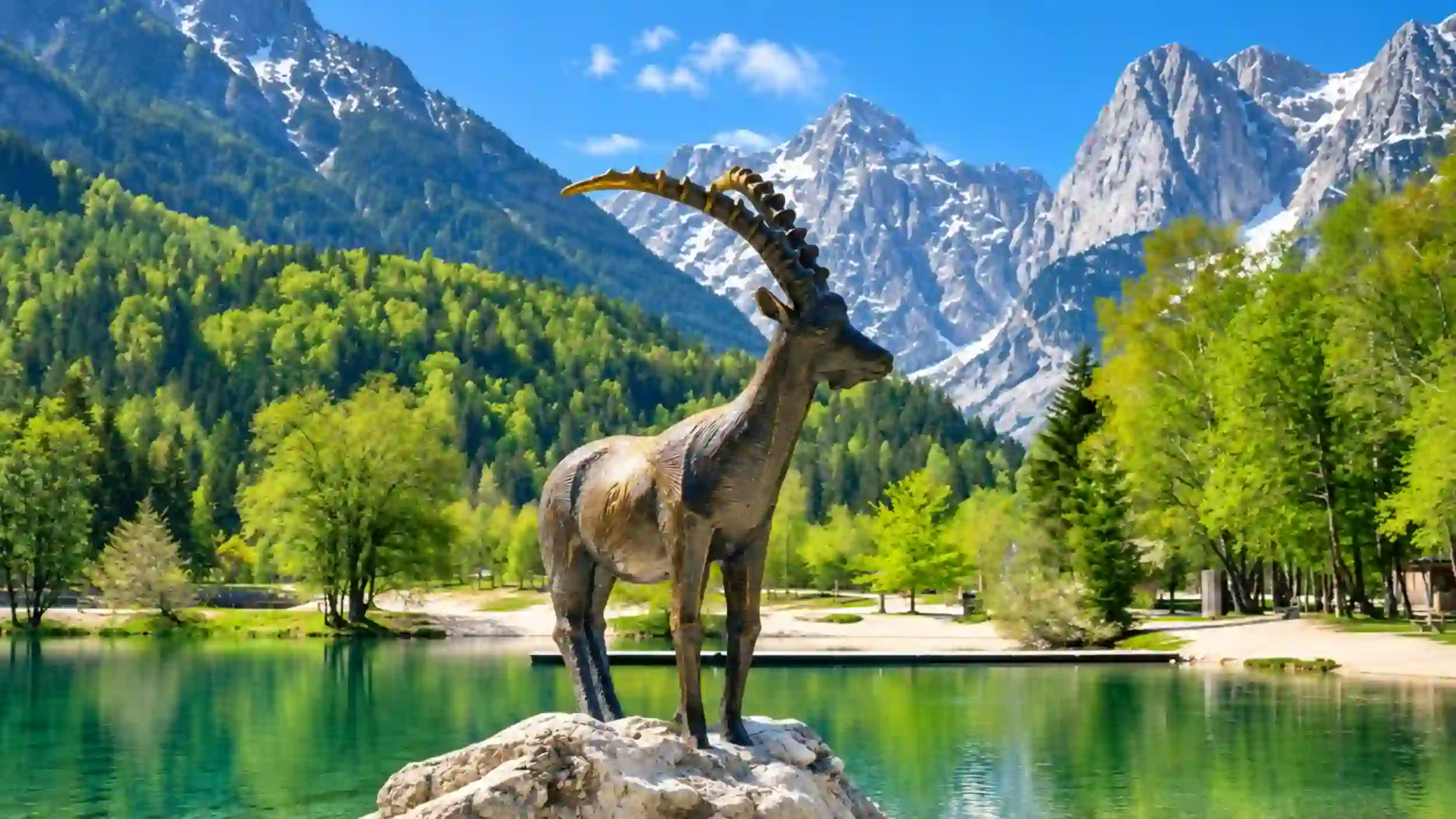 The bronze ibex statue at Lake Jasna, one landmark that shapes how many days in Kranjska Gora you'll want