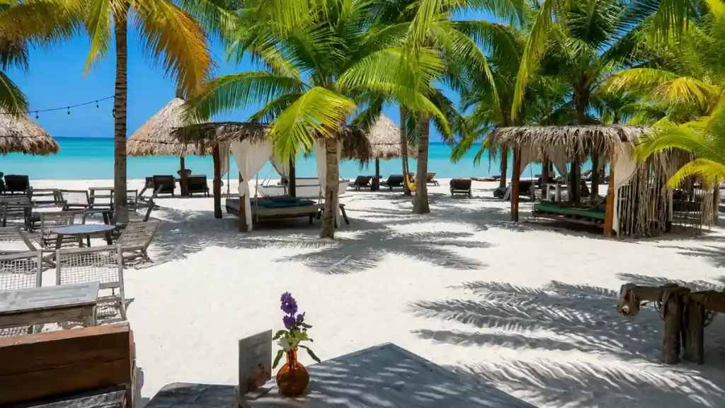 Thatched-roof cabanas and daybeds cluster among palm trees on a white sand beach.