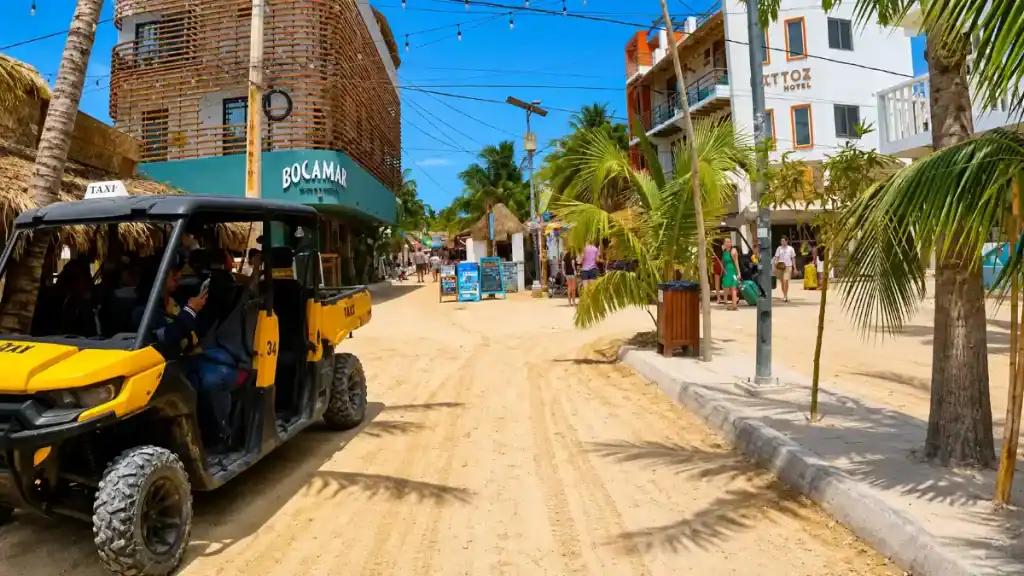 Golf cart taxi waits on Holbox's sandy main street lined with palm trees and shops.