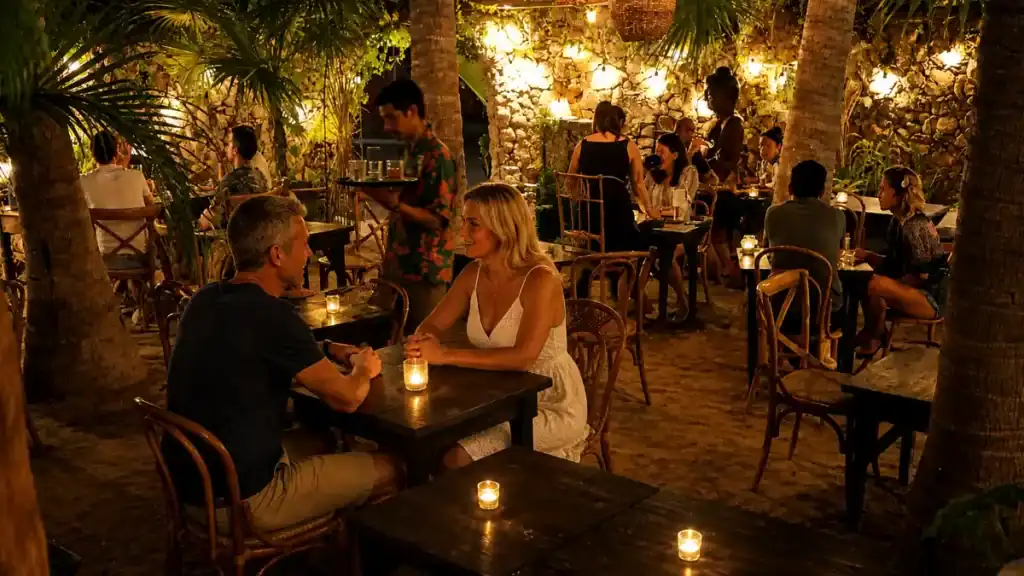 A waiter serves drinks past candlelit tables at Luuma restaurant under a canopy of palms.
