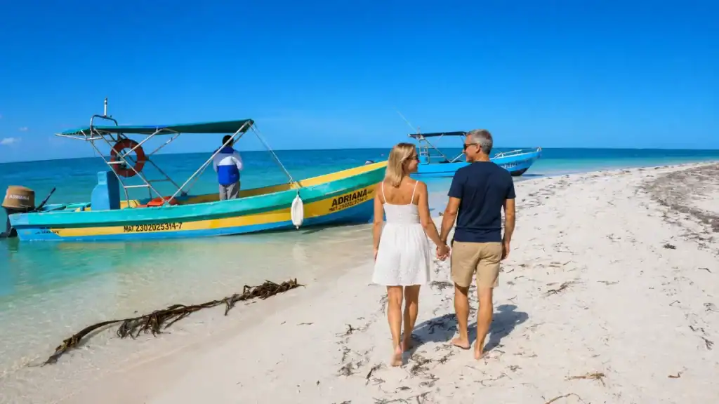 Couple walks hand in hand past fishing boats moored at Playa Punta Cocos.