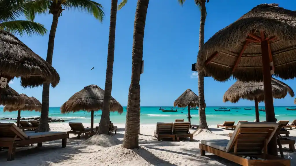 Wooden loungers sit beneath thatched umbrellas and palms with fishing boats anchored offshore.