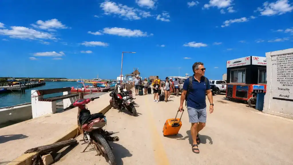 Traveler pulls luggage along the pier toward the Holbox Express ferry terminal at Chiquilá.