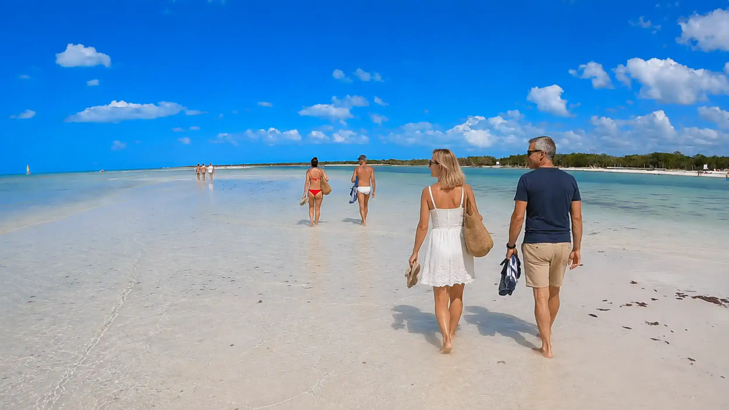 Barefoot beachgoers wade through shallow turquoise water at Punta Mosquito, a scene answering is Isla Holbox worth visiting