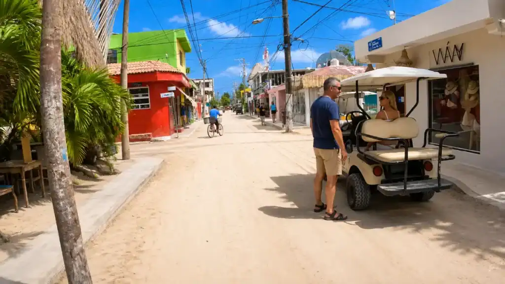 Golf cart parked on Holbox town's sandy street shows why is Isla Holbox worth visiting for car-free charm.