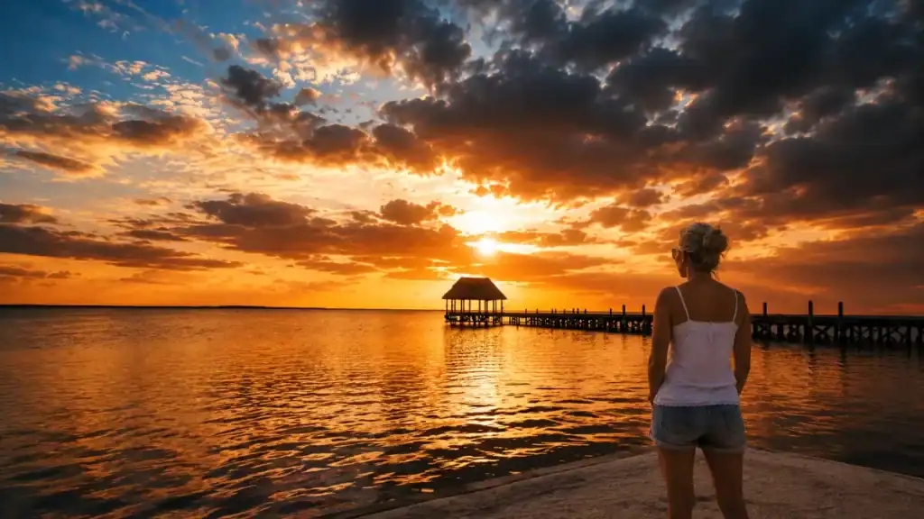 Woman watches a fiery sunset over the pier and palapa at Holbox's main dock.