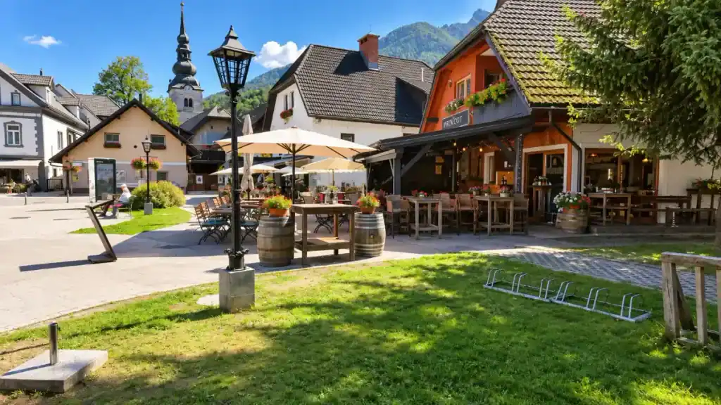 Umbrella-shaded café tables fill a village square below a slender church spire