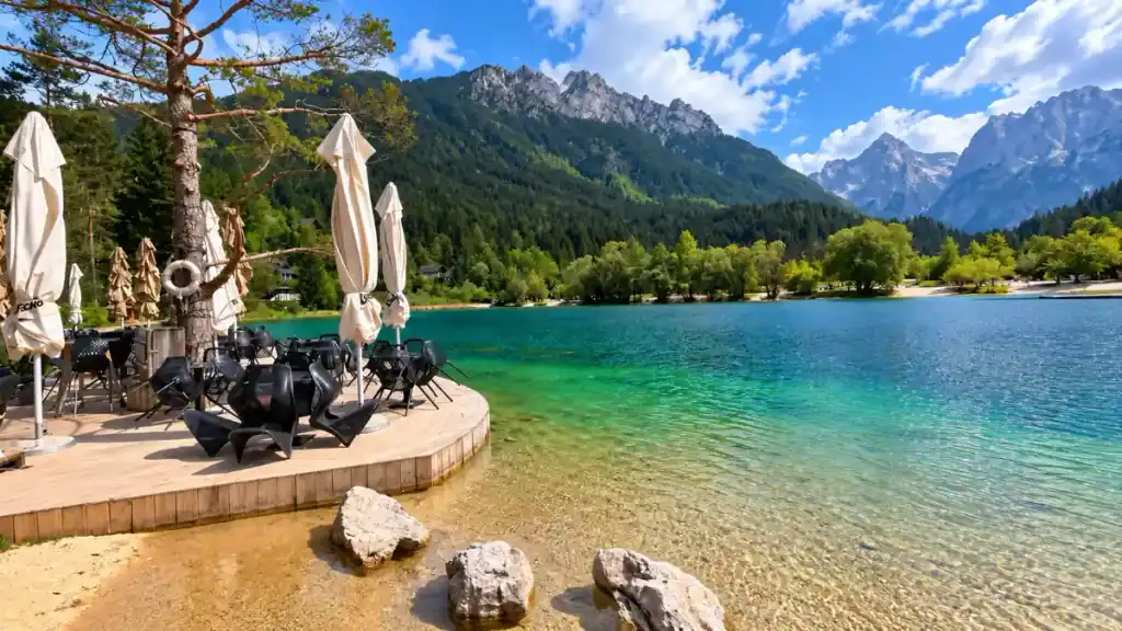 Lakeside café terrace at Lake Jasna, one reason many ask is Kranjska Gora worth visiting for its views
