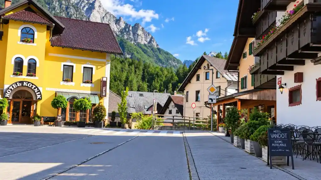 Yellow facade of Hotel Kotnik lines the main street in central Kranjska Gora village