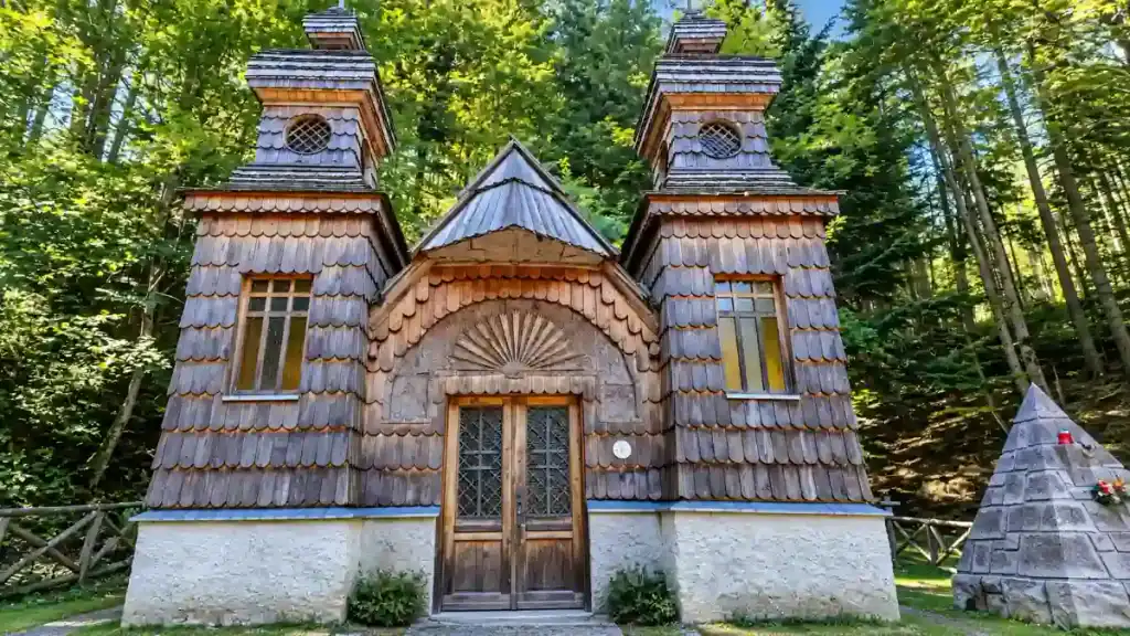 The twin-towered Russian Chapel below Vršič Pass, a memorial many say makes is Vršič Pass worth visiting on its own