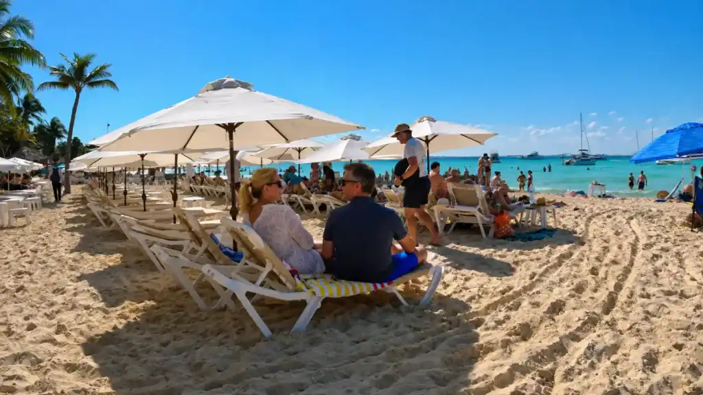 Sunbathers on lounge chairs beneath umbrellas at Playa Norte, Holbox or Isla Mujeres