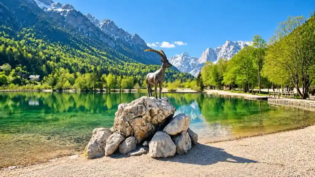 The bronze ibex statue overlooks emerald Lake Jasna beneath jagged snow-capped peaks