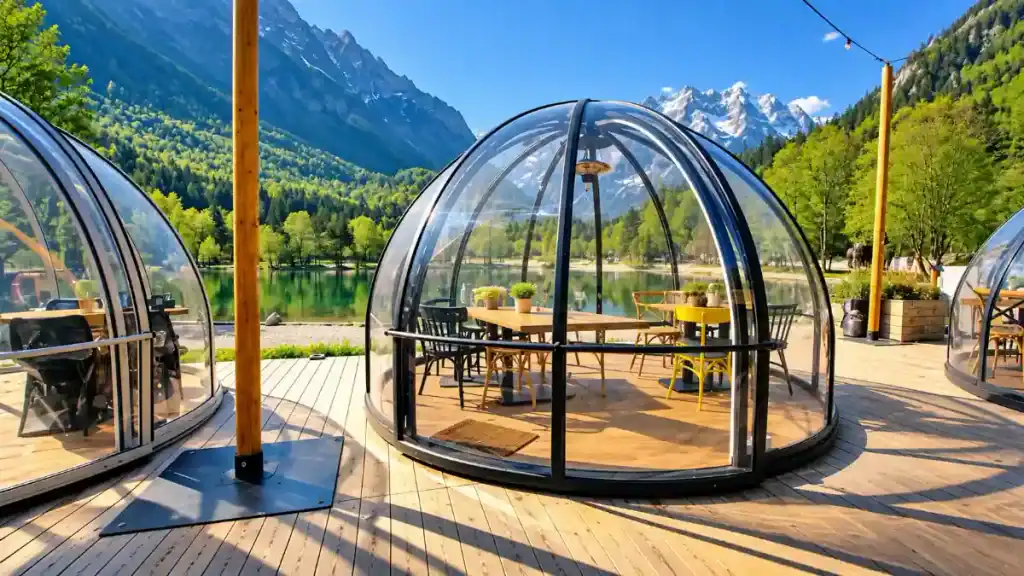 A glass dining dome sits on a deck at Lake Jasna with snow-capped peaks behind