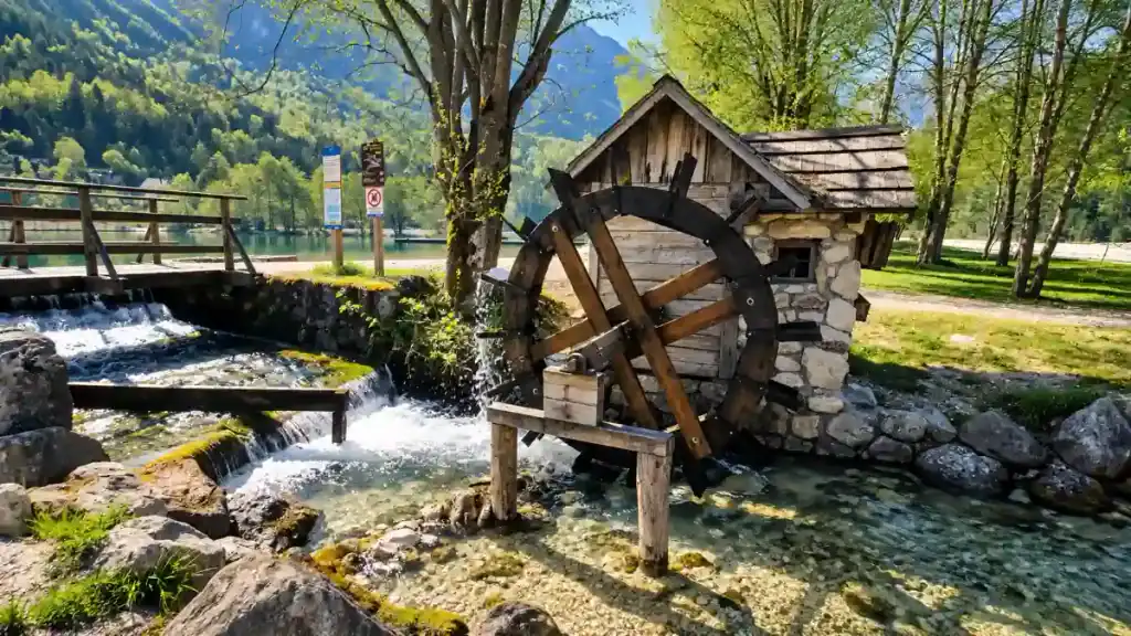 A wooden water mill wheel turns beside a stream near Lake Jasna, a scene locals cite when comparing Kranjska Gora or Lake Bled