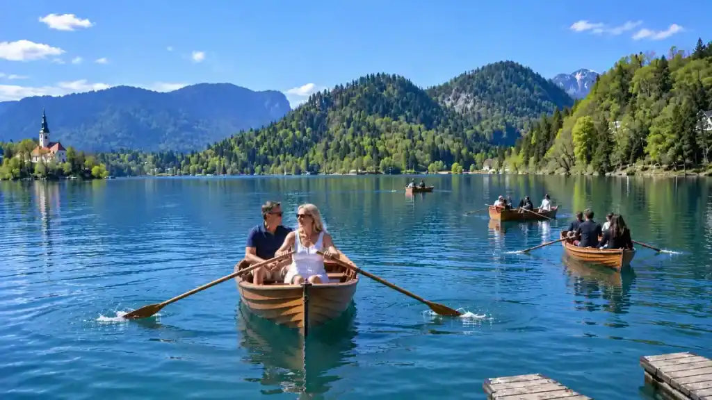 Rowers cross the still water of Lake Bled with the island church visible in the distance