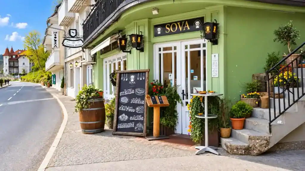 Sova restaurant's green facade lines a quiet street in the town of Bled
