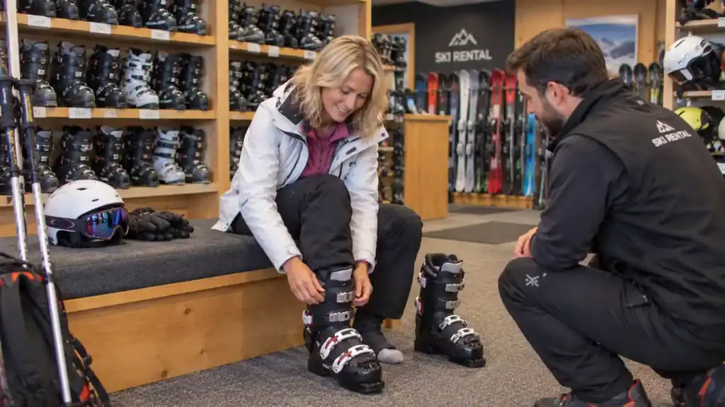 Buckled ski boots being fitted at a rental shop before a day of skiing in Kranjska Gora.