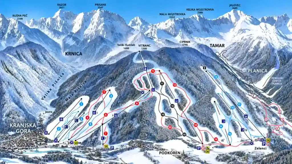 A trail map overlay shows color-coded runs and lifts across Vitranc and the surrounding Julian Alps peaks.
