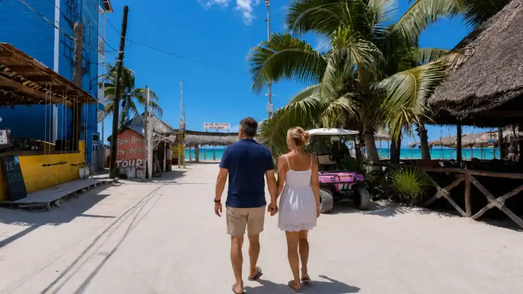 Couple holds hands walking a sandy path toward the beach past tour signs and a pink golf cart.