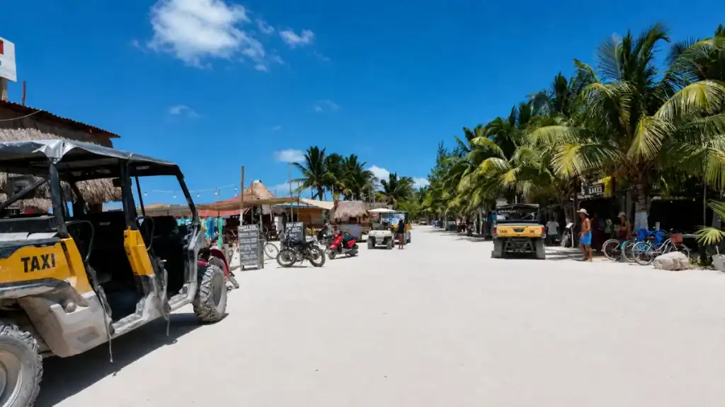 Golf cart taxi waits on the sandy main street of Holbox town