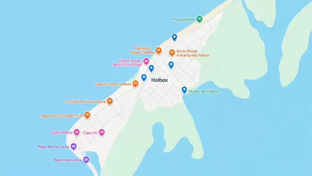 Map pinpoints hotels and restaurants across Holbox town for planning where to stay in Holbox