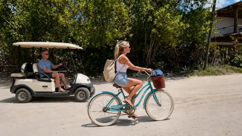 Woman on a teal bicycle pedals past a golf cart on a sandy road in Holbox