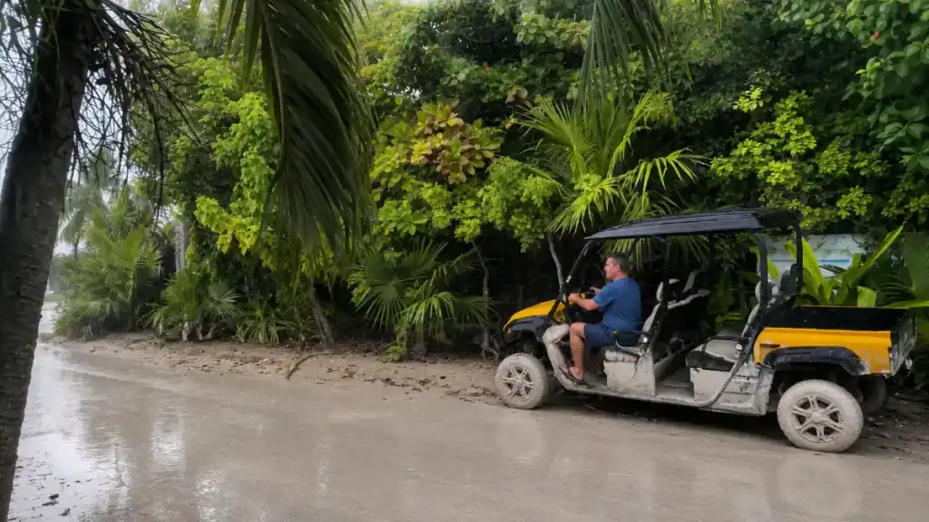 Man drives a yellow utility cart along a rain-slicked road in Holbox